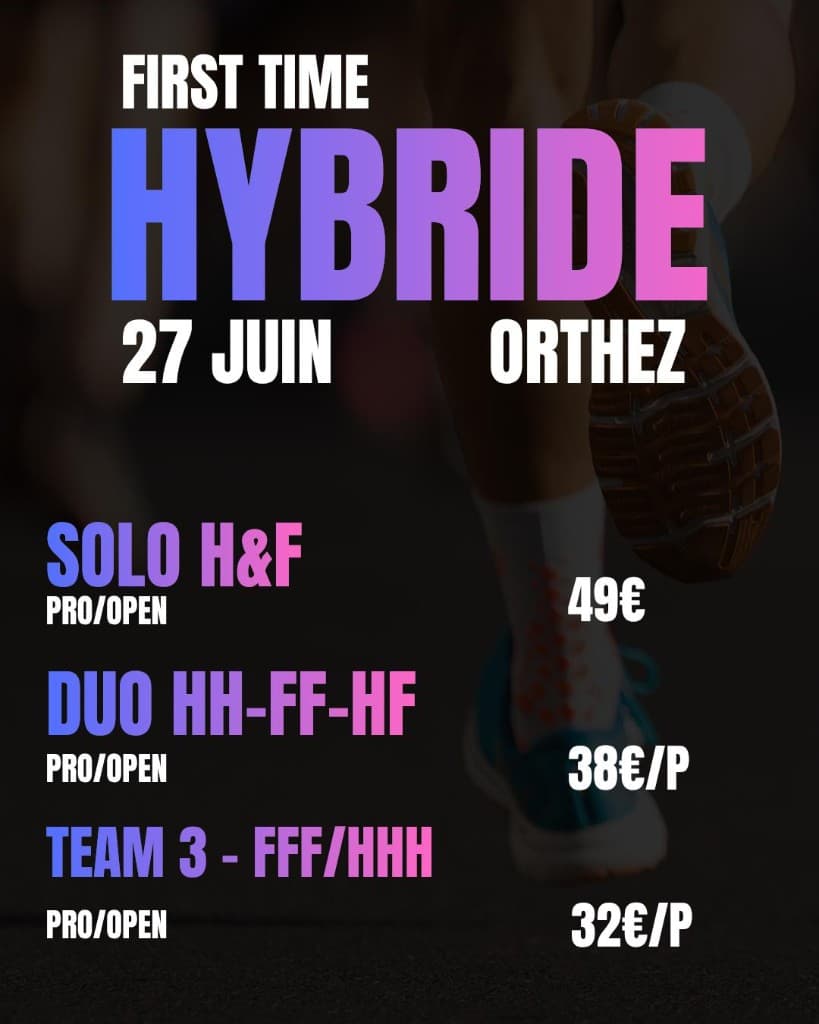 Tarifs First Time HYBRIDE — solo duo team 3, catégories PRO et OPEN, prix en euros