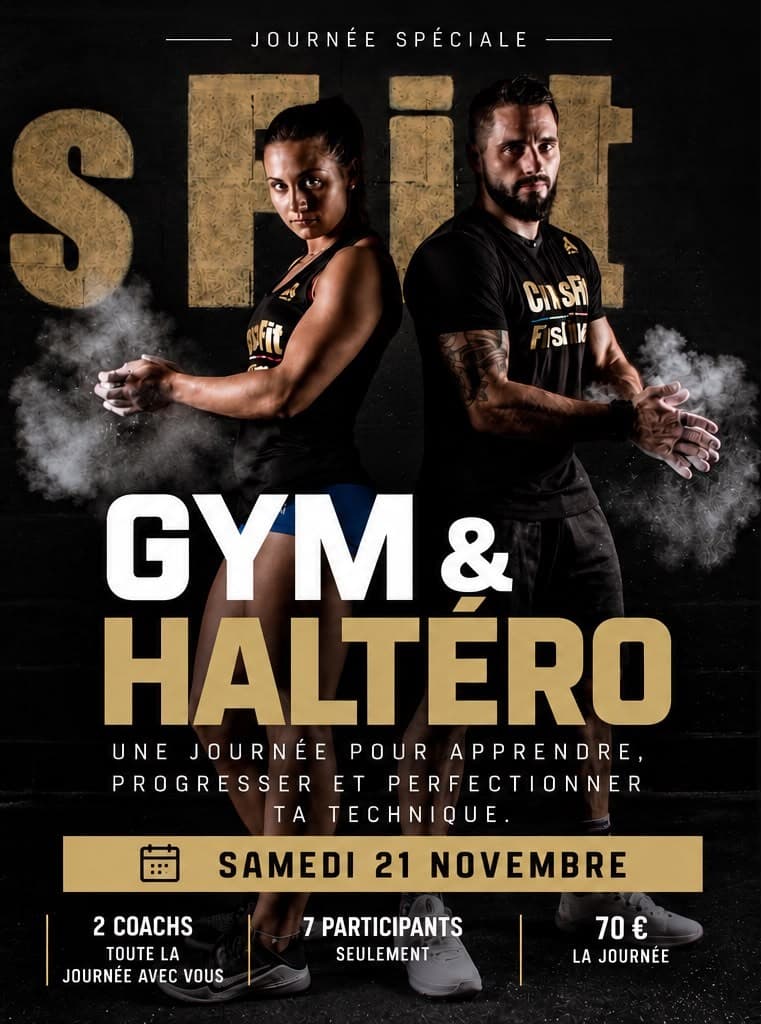 Affiche journée spéciale Gym & Haltéro, samedi 21 novembre 2026, 2 coachs, 7 participants, 70 € la journée
