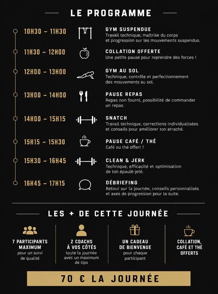Programme heure par heure : 10h30 gym suspendue, 11h30 collation offerte, 12h gym au sol, 13h pause repas, 14h snatch, 15h15 pause café ou thé, 15h30 clean & jerk, 16h45 débriefing